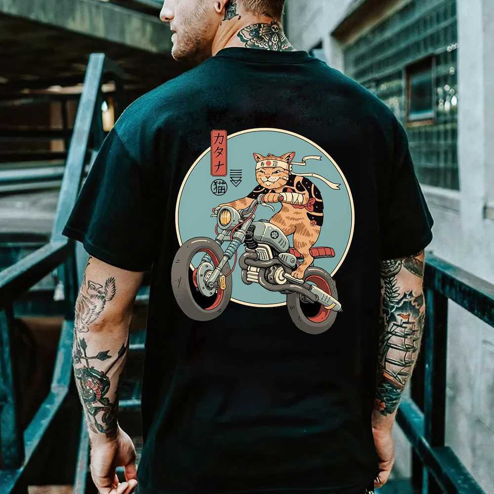 Cartoon Anime Samurai Cat Printed T Shirt For Men Outdoor Hip Hop Harajuku Vintage Clothes Casual O-neck Loose Short Sleeve TeesT250207