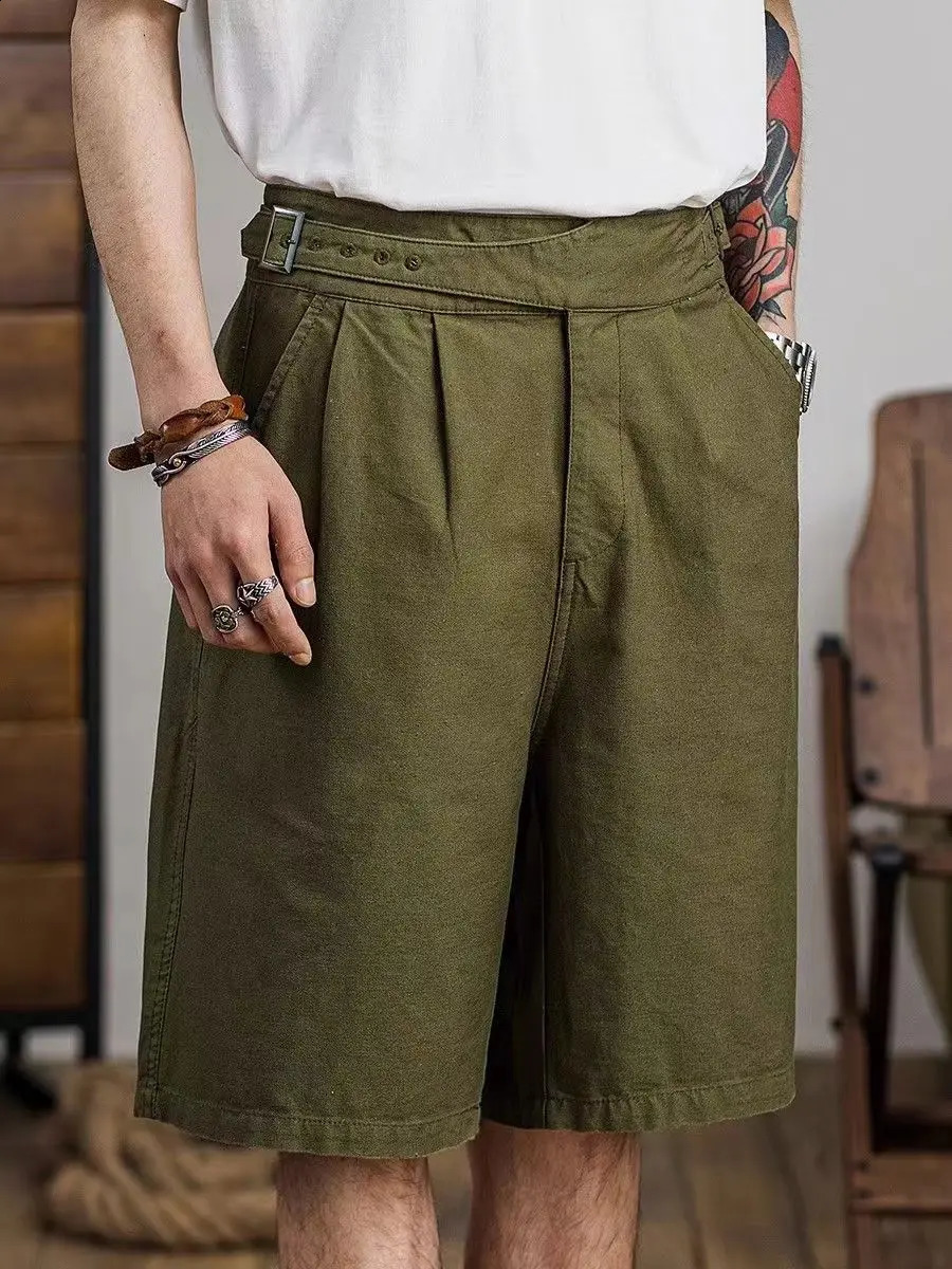 Vintage Gurkha Shorts Men Safari Style High Waist Buckle Button Knee Length Naples Pants Summer Casual Loose Shorts High Quality 250206