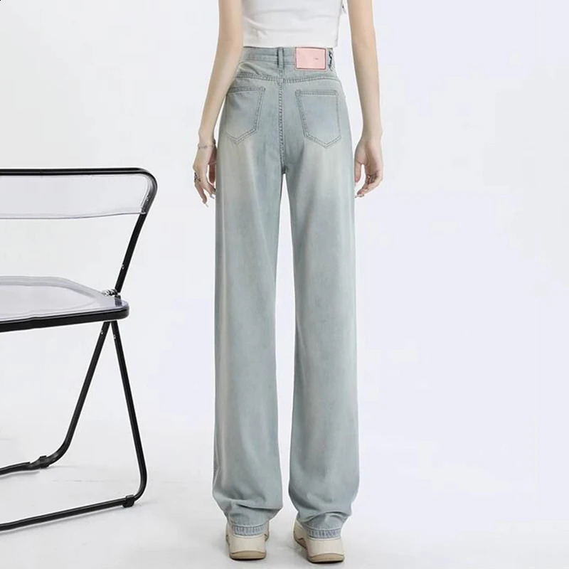 Woman Fashion Loosefit Wide Leg Casual Jeans Girls Basic High Waist Straight Pants Female Simple Light Blue Denim Trousers 250206