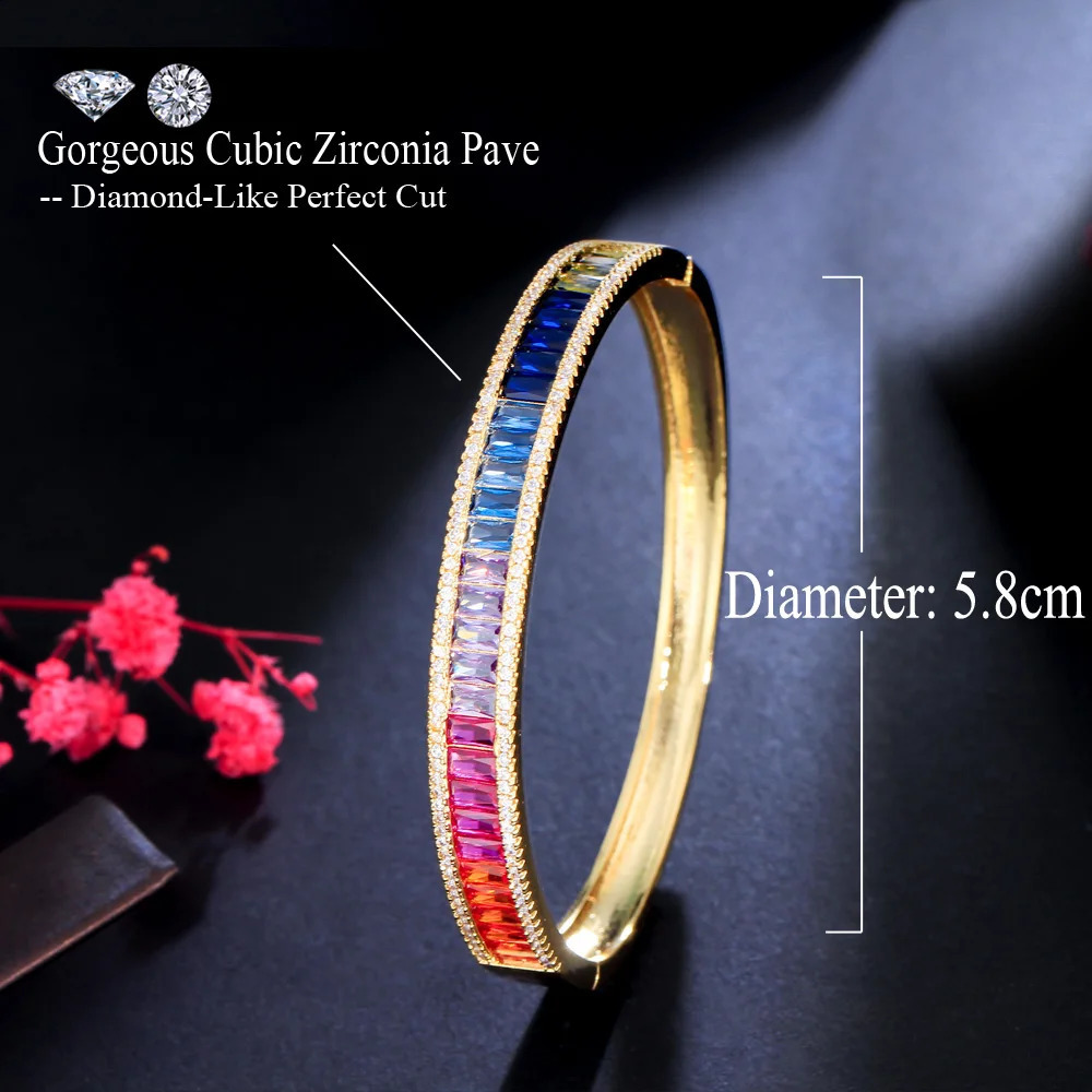 CWWZircons Unique Baguette Rainbow Cubic Zirconia Round Open Cuff Bangle for Women Trendy Brazilian Gold Plated Jewelry BG048 250207