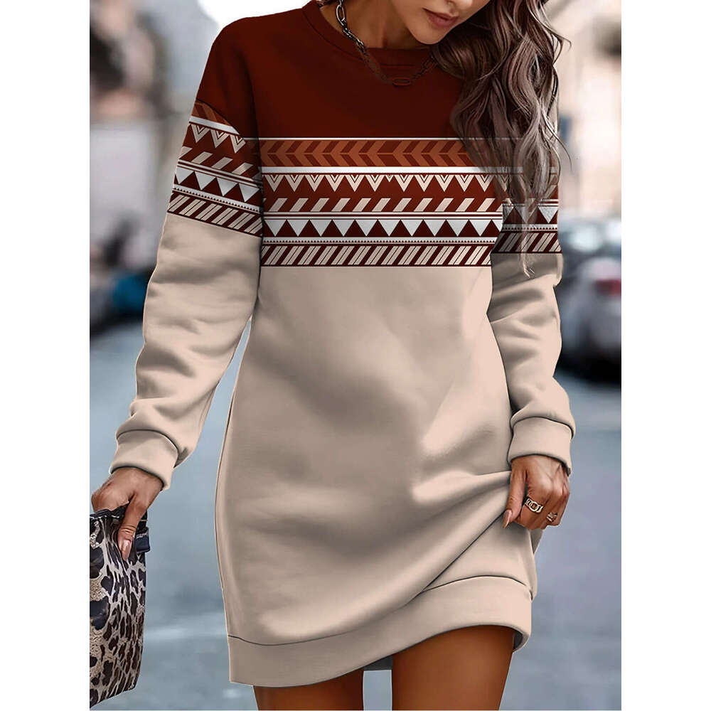 Autumn winter European and American women's hot selg printed contrasting round neck hoodie dress 2024 temperament versatile new trendy clothing i