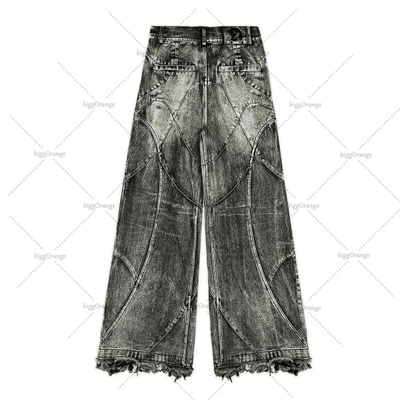 Y2K Destroyed Stitching Jeans Mens Black Washed Jeans Gothic Style Street Trend Clothing Retro Loose Wide Leg Pants Fall Guys 250206