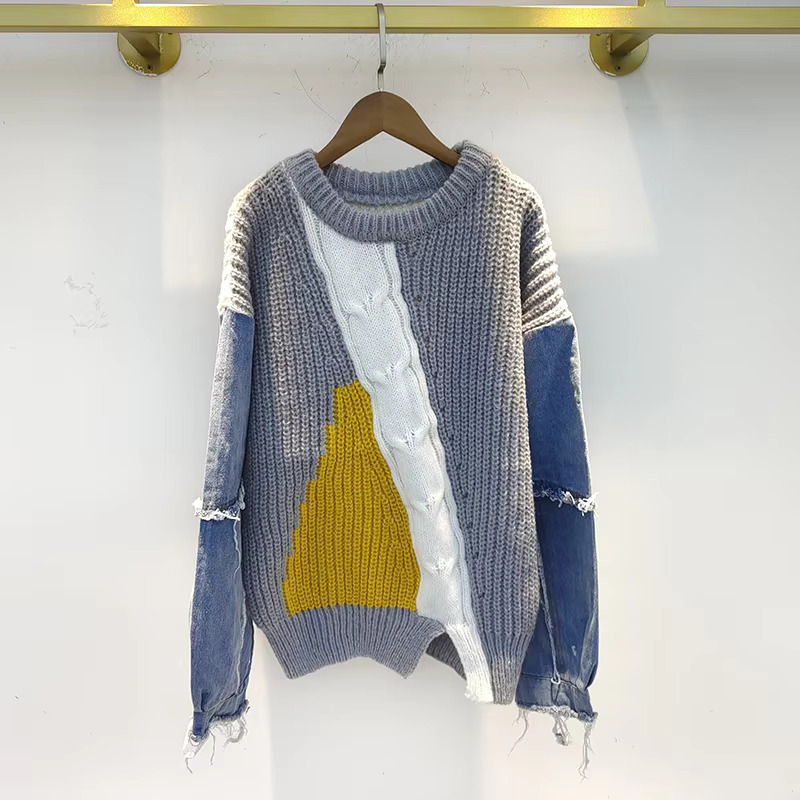 Denim Ed Long Sleeve Sweater Women Pullover Autumn Spring 2025 Wear Korean Loose Thicken Knitting Top Gray Clothing