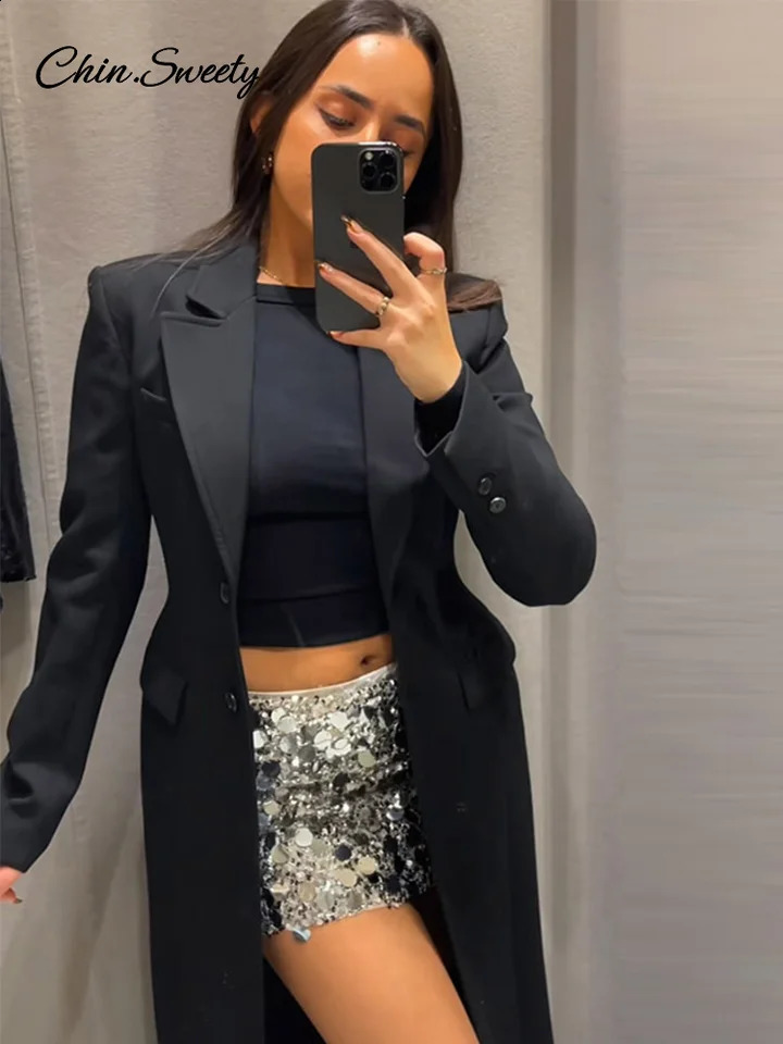 Vintage Lapel Black Long Overcoat Women Slim High Waist Full Sleeve Single Breasted Shoulder Pad Coat Spring Commute Outwear 250109Z