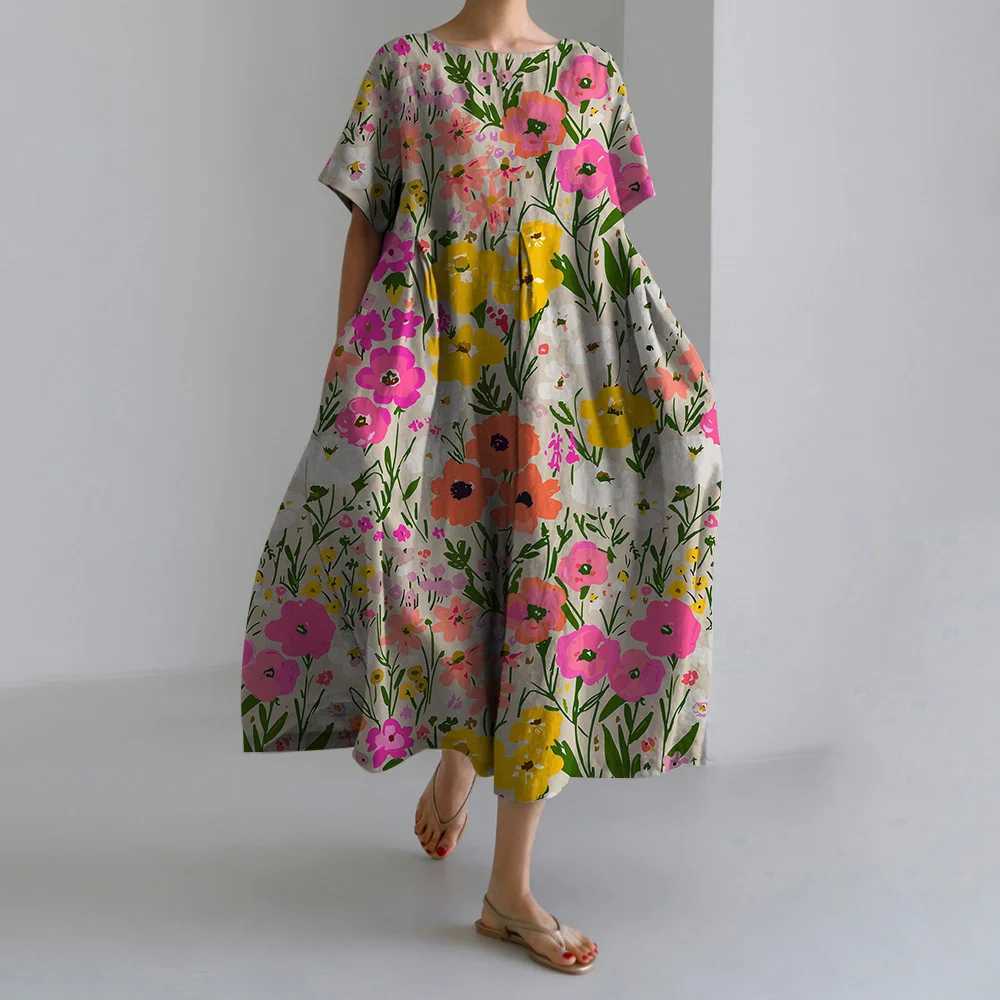 Womens Fashion Short Sve Long Dress Exquisite And Ele Floral Print Dress Autumn Retro Round Neck Evening Party DressXJ2500207