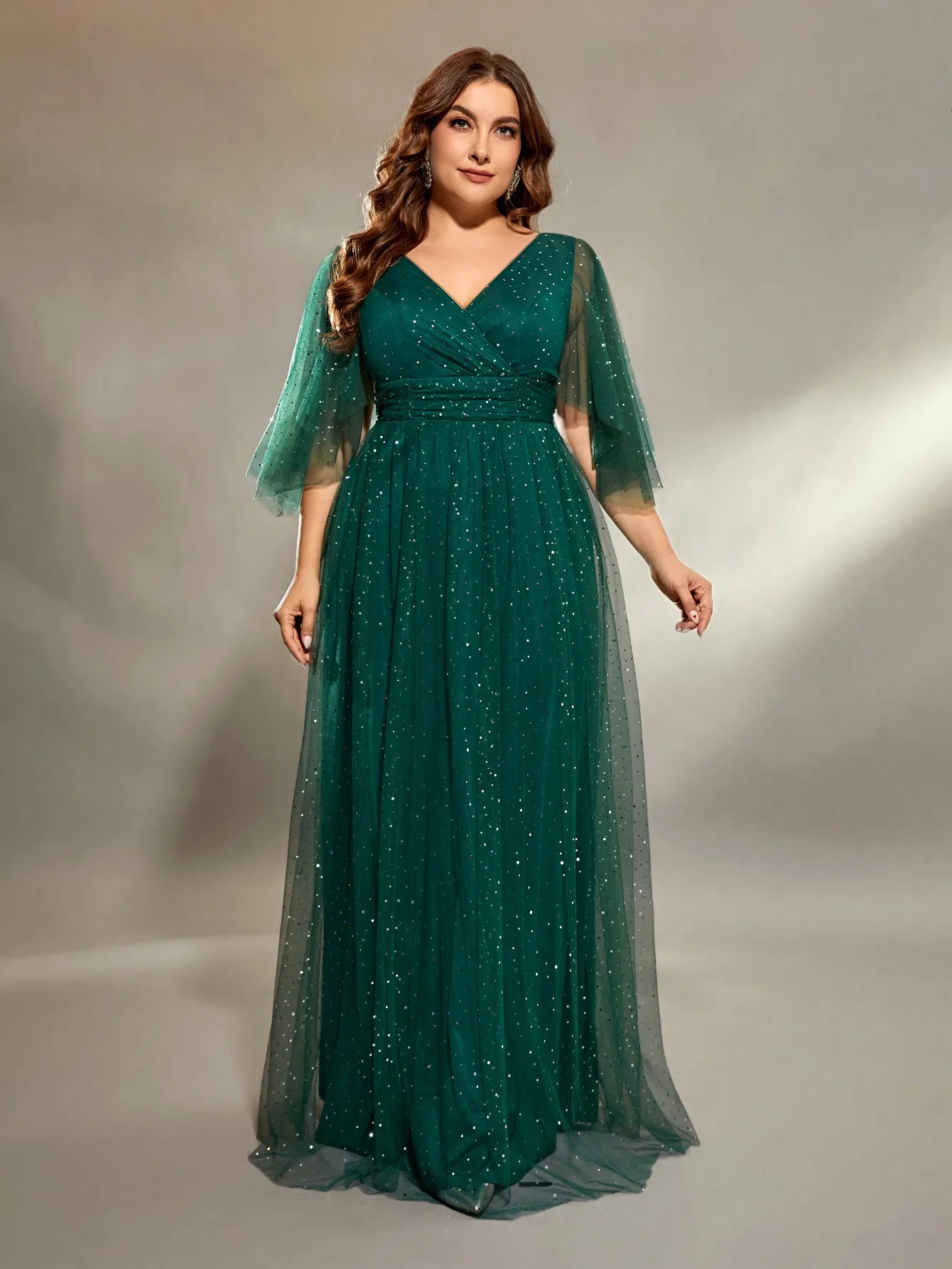 Mgiacy plus size V-neck cross chest pleats irregular long sleeve fillet netting A full skirt Evening gown Ball dress Party dress 250207