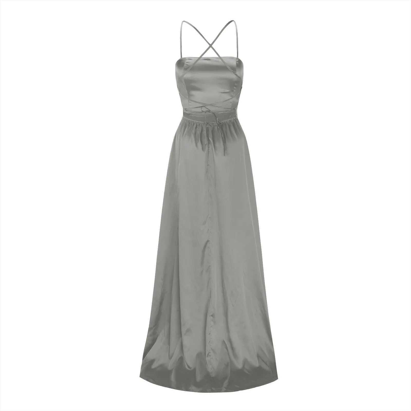 Women Gala Dress Pure Color Halter Off Shoulder A-Shaped Swing Long Skirt Banquet Party Ele Front Fork Minimalist DressXJ2500207