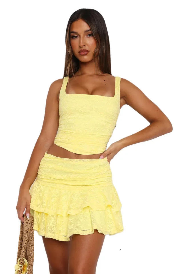 Womens Sexy Lace 2 Piece Skirts Outfits Clubwear Bodycon Sleeveless Bodycon Crop Tops and Tiered Ruffles Shorts Skirts Sets 250206