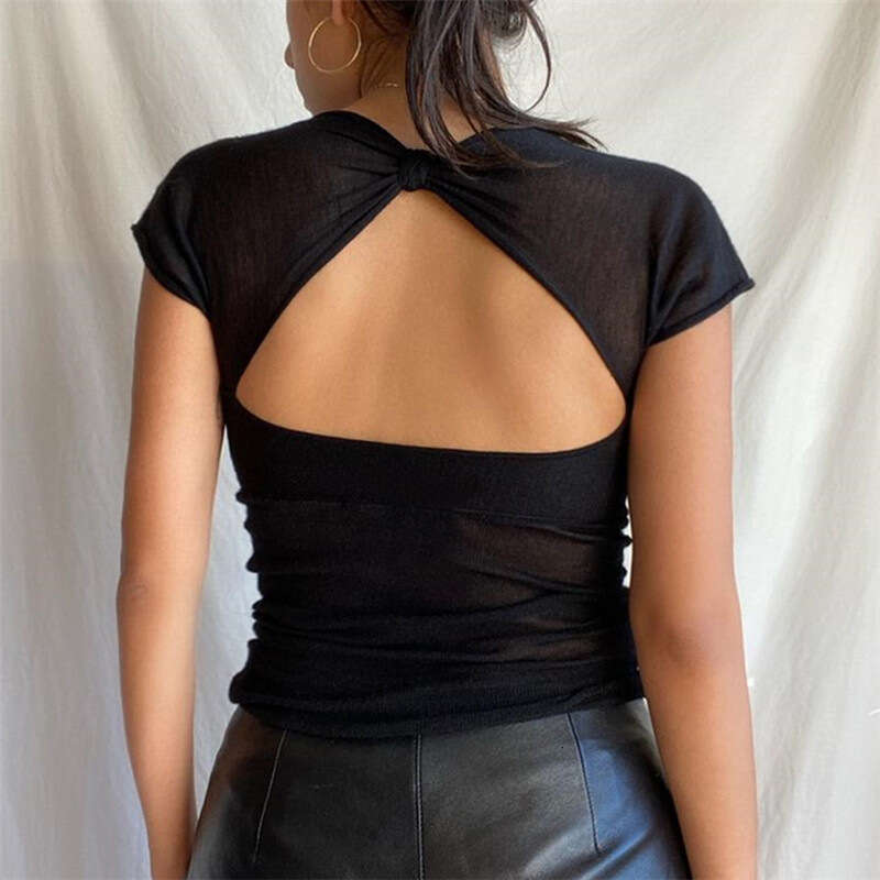 Ins2025 summer women's sexy backless V-neck solid color slim fit short sleeved T-shirt top new casual versatile fashion clothing