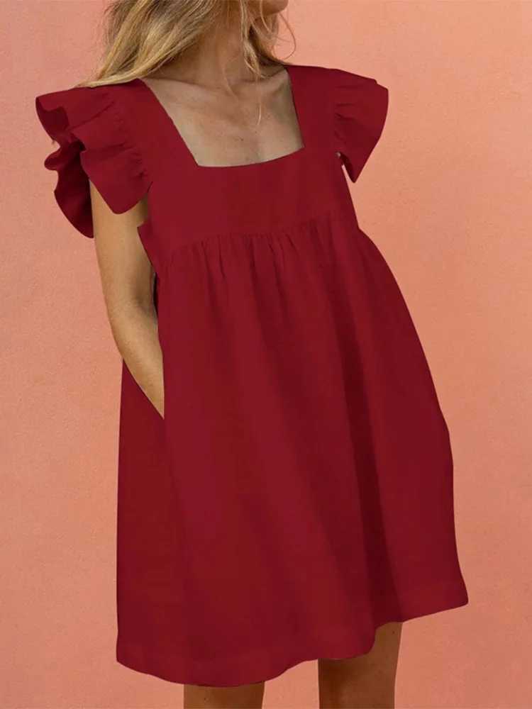 Women Ruffled Mini Dress Summer Cute Square Collar Pocket Dresses Ele Butterfly Sve Beach Party Fe Dresses VestidosXJ2500207