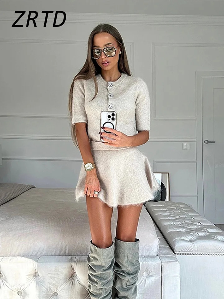 Fashion Wool Half Sleeve Slim Skirts Suits Women 2024 Button Knit Top Short Shirt Set Female Commute Casual Lady Knitted Outfits 250113