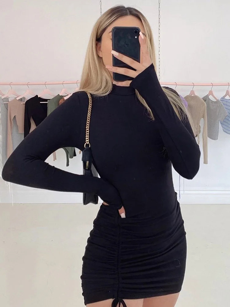 Long Sleeve Ruched Bodycon Dres Turtleneck Bandage Mini Dresses Autumn Black Skinny Stretchy Party 250206