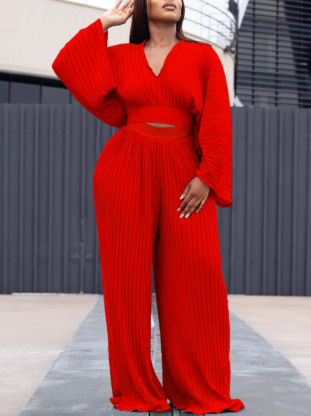 Women's Two Piece Pants Women Elegant Loose Suits Long Sleeve V Neck Crop Top & Wide Leg Pleated Set