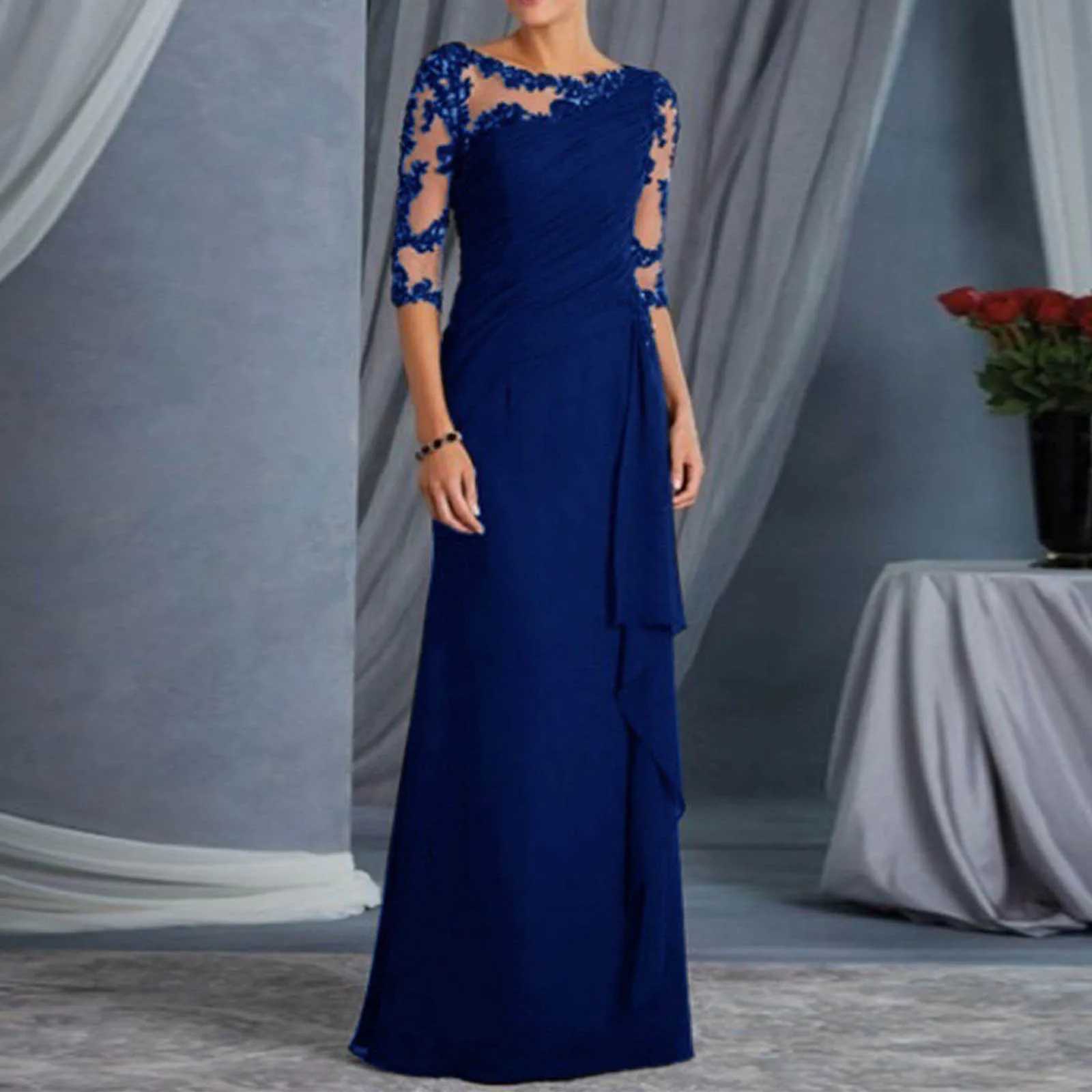 Ele Party Dresses Woman Lace See Through Round Neck Mid Sve Formal Wedding Gowns For Women High Waisted Evening DressesXJ2500207