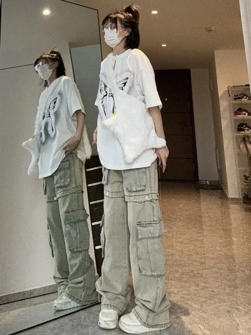 Explosions American Detachable n Sense Tooling Jeans Female Y2K Fashion Gothic Retro High Street Straight Waist Pants 250206