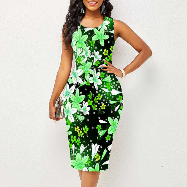 European American gathering round neck sleeveless fashionable printed multi-color dress, 2024 new style, chic and elegant clothing