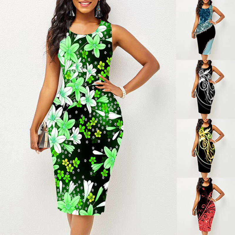 European American gathering round neck sleeveless fashionable printed multi-color dress, 2024 new style, chic and elegant clothing