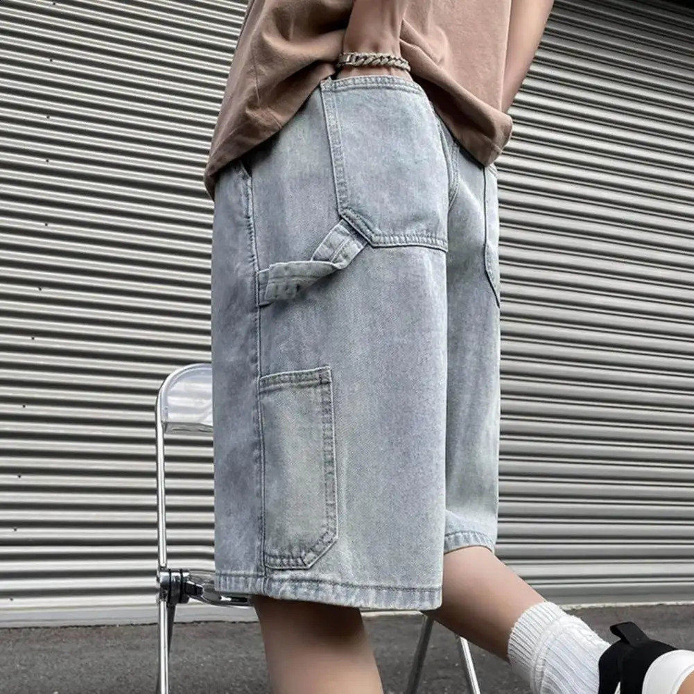 Men Denim Shorts Elastic Drawstring Waist Straight Wide Leg With Pockets Solid Color Casual Pants Streetwear 250120