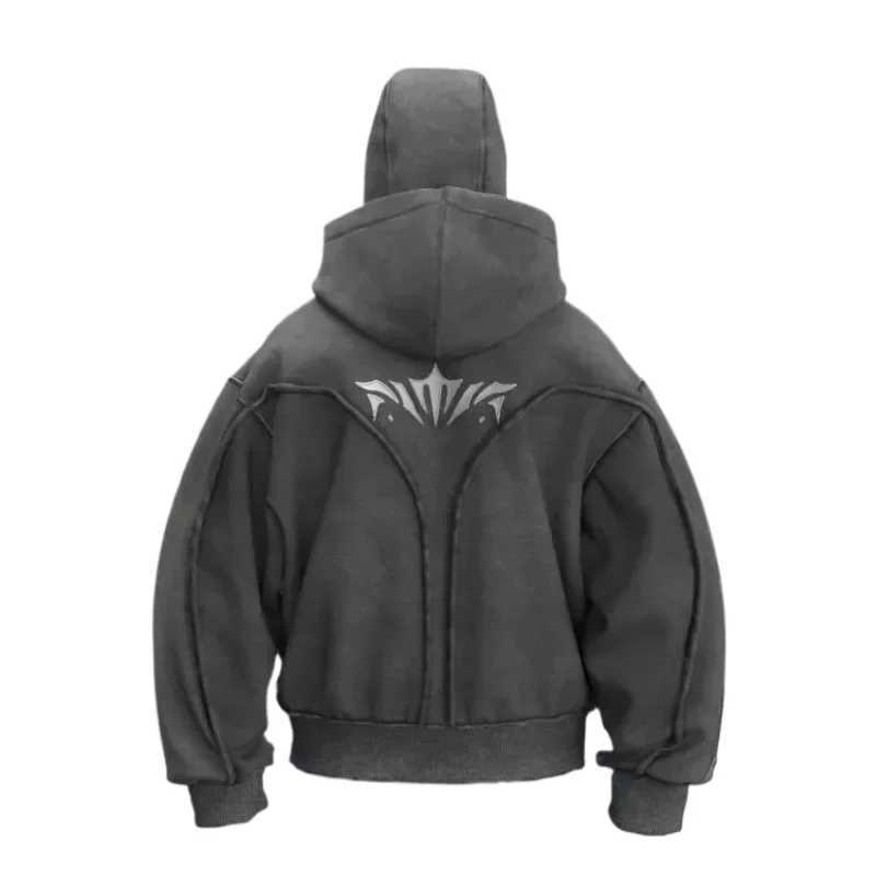 Y2K Phantom Hoodie Zipper Balaclava Double Hat Embroidery Streetwear Gothic Distressed Heavyweight Unisex Oversize Sweatshirt W250207
