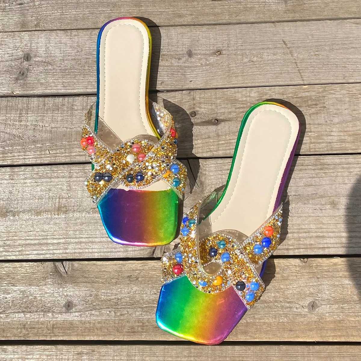 Colorful flat bottomed slippers for womens 2024 summer new pearl sandals candy colored beach outdoor fi women slippersXJ250207