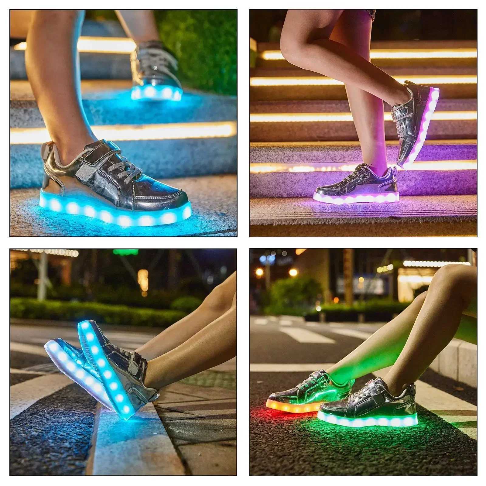 Kids Sneakers Casual Luminous Shoes USB Recharge Light Up Sports Skateboard Shoes Waterproof Leather Boys Girls Shoes with LED W250207