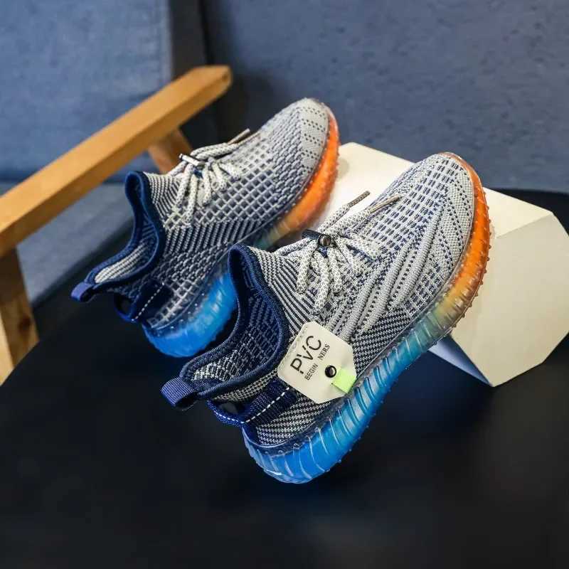 Hot young childrens sports shoes boys and girls coconut casual shoes childrens breathable flying knitted elastic mesh lace free running shoes W250207