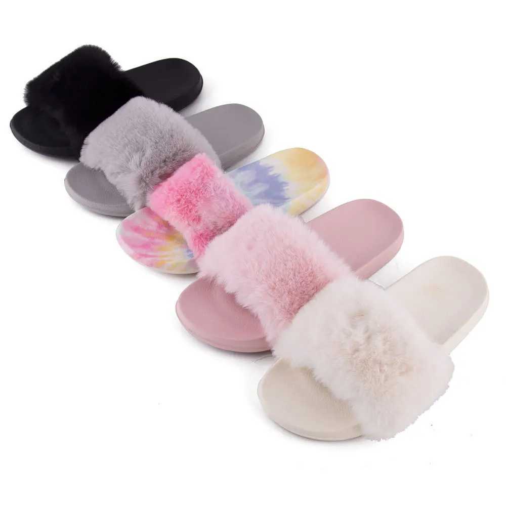Summer indoor shoes ladies comfortable flat solid color open toe flip flops fake fur fox fur slippersXJ250207