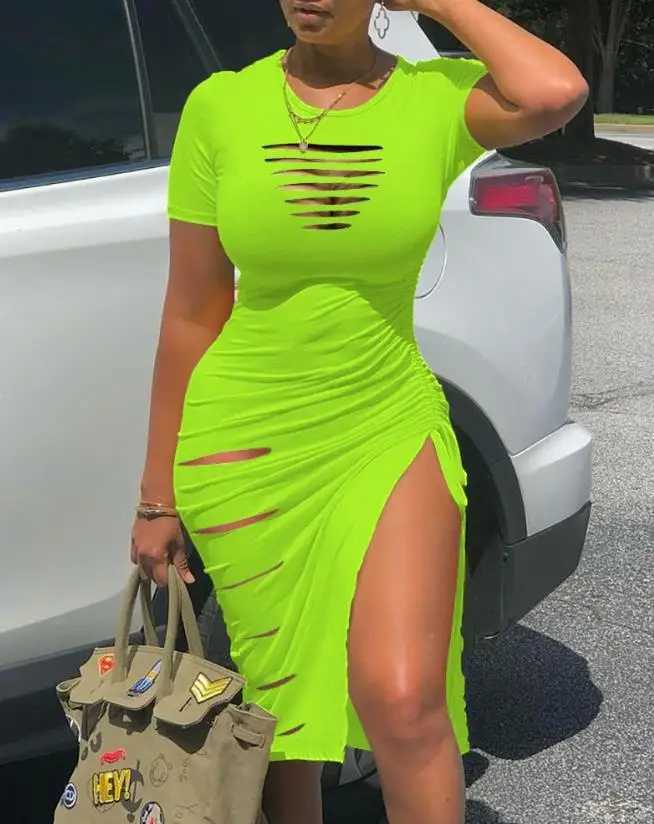 Sexy Summer Dresses for Women 2023 Short Sve O-Neck Candy Ladder Cutout Drstring Ruched High Slit Hollow Out Skinny DressXJ2500207