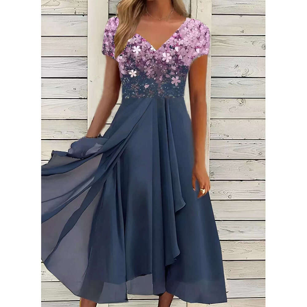European American Summer Urban Leisure Fashion Chiffon Splicing Women's Dress 2024 New Style Unique and Elegant Clothing
