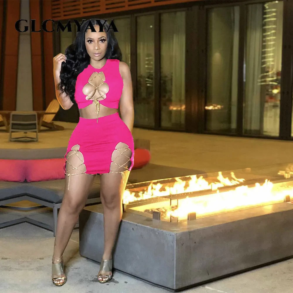 GLCMYAYA Women Set Chain Lace Up Sleeveless Crop Tops Sheath Elastic Mini Skirts Suit Two 2 Piece Set Sexy Club Outfit 250206