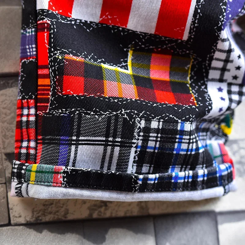Summer Floral Plaid Print Denim Shorts Streetwear Hole Straight Slim Casual Jeans Male Clothes 250207