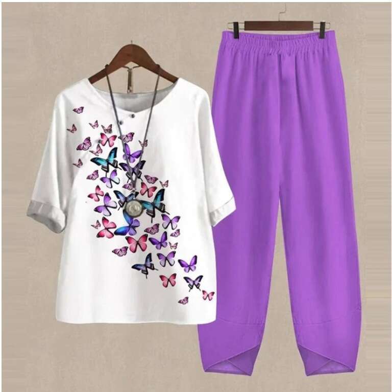 Popular Spring Women's Five Sleeve Printed Top and Pants Two Piece Set 2024 Versatile New Trendy Clothing Ins