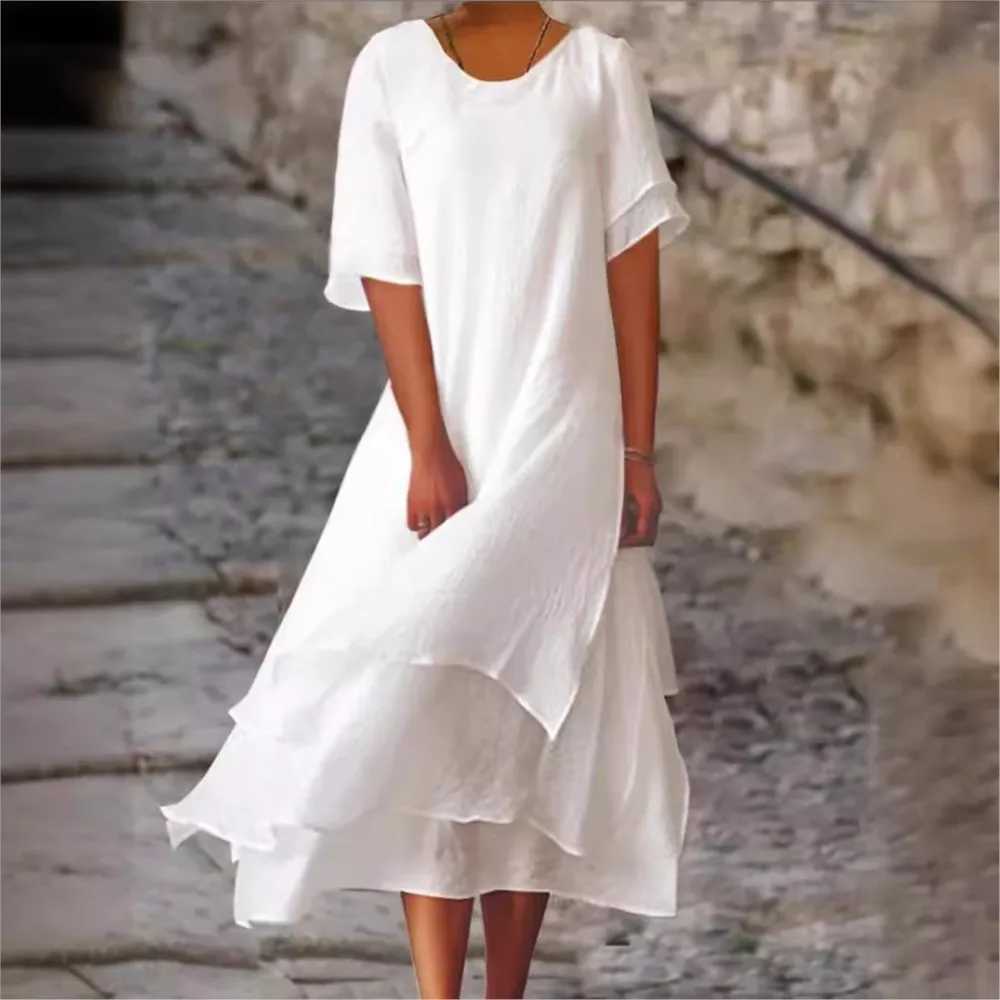 2025 Fashion And Leisure Double Layered Split Short Sve Round Neck Dress For Women Loose Solid Color Irregular Long DressXJ2500207