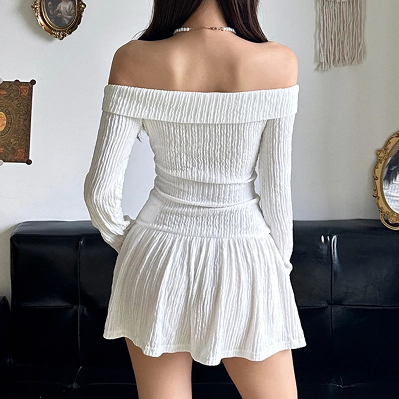 HEYounGIRL Texture Knitted Folds Off Shoulder Mini Dres Korean Style White Elegant Short Dresses Sweet Y2K Streetwear 250206
