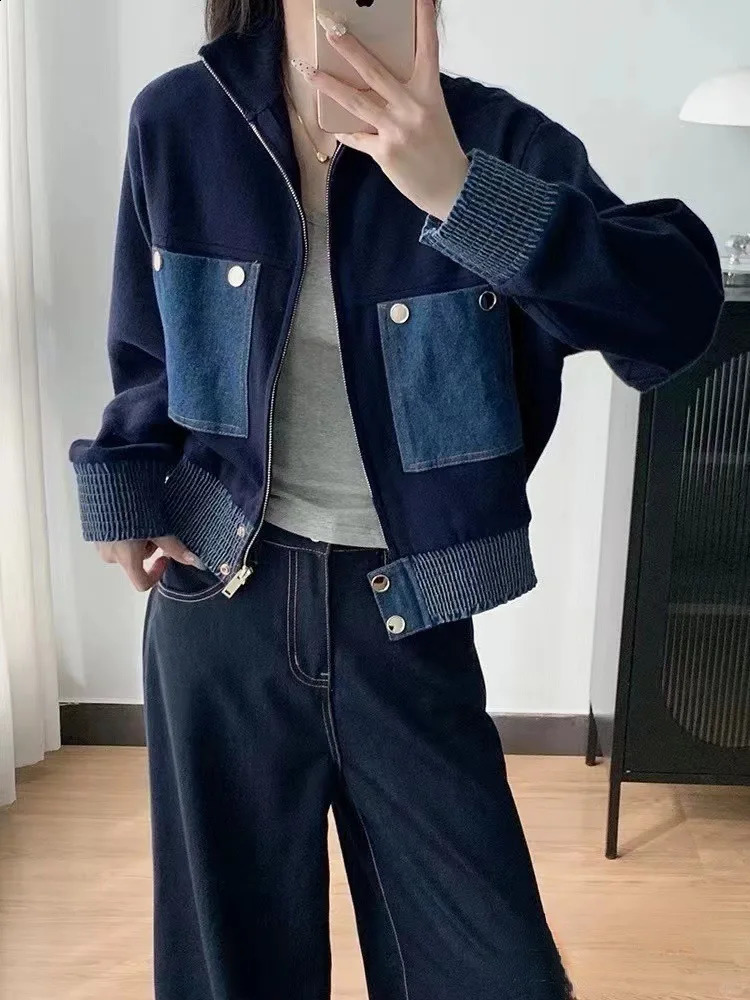 French Patchwork Pocket Denim Women Coat Elegant High Quality Zip-up Lapel Jacket Vintage Fashion Knit Tops Female Clothing 250121