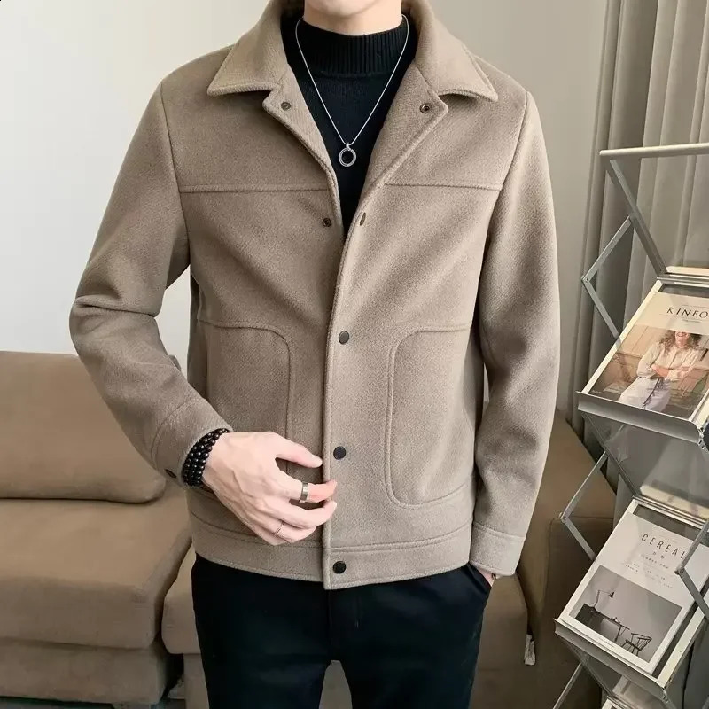 Woolenjacket Mens Autumn Winter Cropped Trendy Slim Fit Casual Jacket Solid Color Sweater Coat For Men Loose Fit Border Lapel 250206