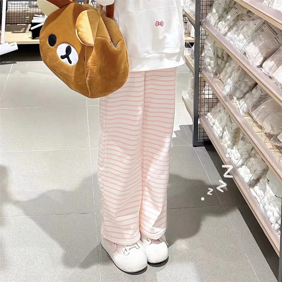 Cute Y2K Striped Pants Women Kawaii Sweet Harajuku Fleece Sports Korean Fashion Sweatpants Girly Basic Cartoon Japanese Trousers 250206