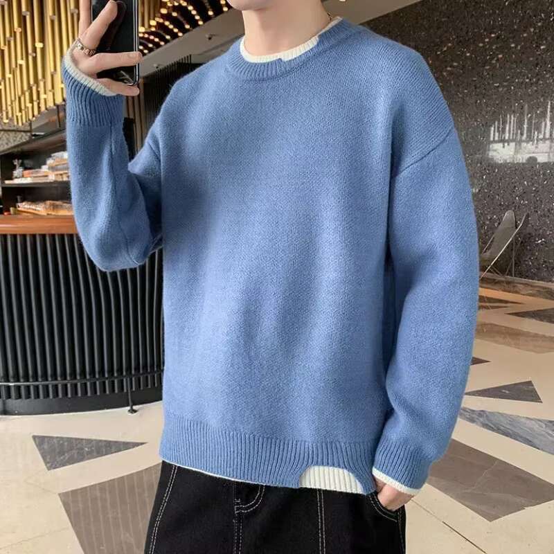 Knit Sweater Male Pullovers Round Collar Men's Clothing Crewneck Pink No Hoodie Spliced Warm Classic Knitwears Maletry Cotton X