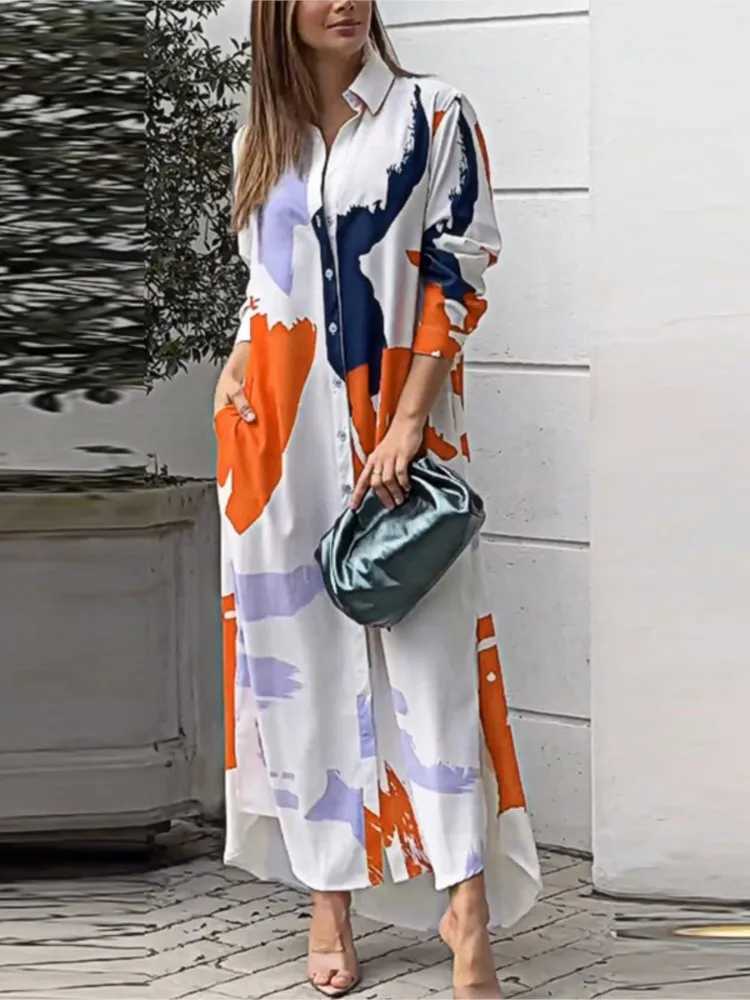 Womens Clothing 2024 Spring Fashion Print Sexy Slit Long Single Breasted Shirt Casual Comfortable With Pocket Irregular DressXJ2500207