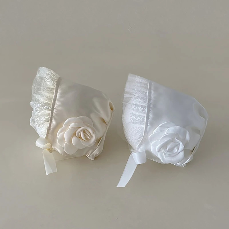 Spring Summer Lace Flower Adjustable Satin Princess Baby Girls Sun Hat born Pography Props Lace Cap 250206