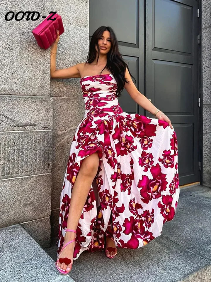 Sexy Strapless Big Swing Women Dress Print Backless A Line Lady Dresses Spring Summer Side Split Pleated Female Vestido 250206