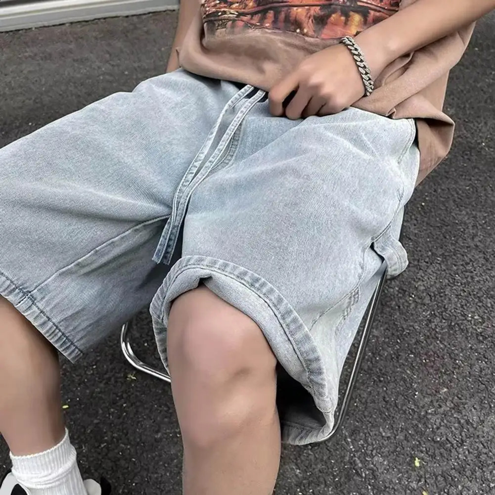 Men Denim Shorts Elastic Drawstring Waist Straight Wide Leg With Pockets Solid Color Casual Pants Streetwear 250120