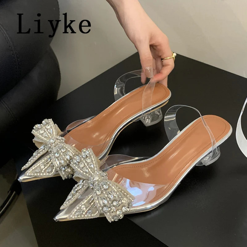 Liyke Fashion Crystal Bowknot Women Pumps Sexy Pointed Toe Clear High Heels Wedding Prom Shoes PVC Transparent Sandals 250206