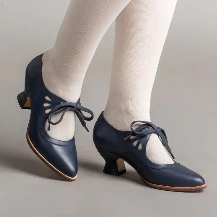 Woman Pumps Retro Mary Jane Shoes Vintage Lace Up High Heels Low Heel Plus Size Dress Zapatos De Mujer 250118