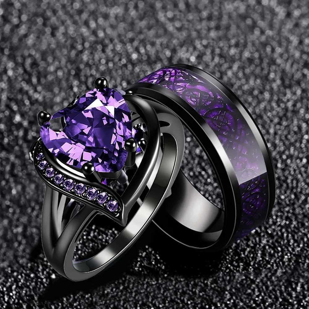 Fashion Couple Rings Romantic Women Heart Purple Rhinestones Zircon Ring Men Stainless Steel Celtic Dragon Ring Wedding Jewelry W250207