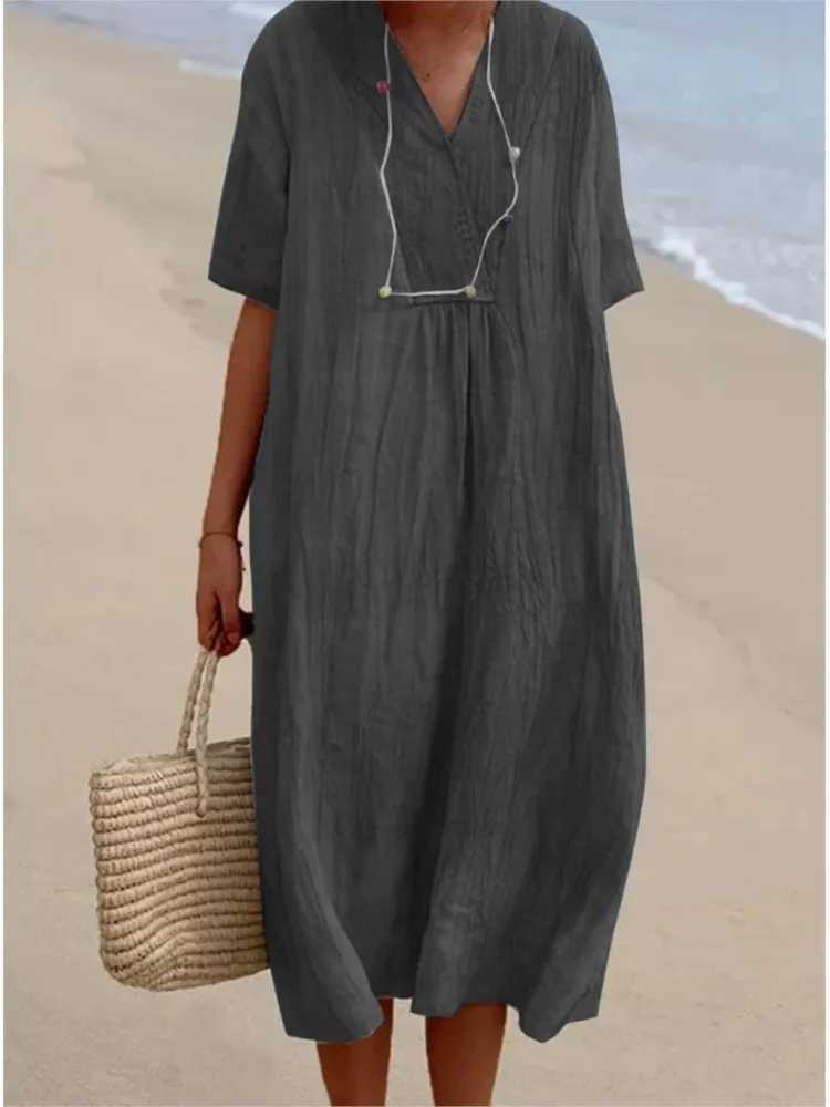 Summer Solid Color Cotton And Linen Dress Women Fashion Short Sve V Neck Loose Midi Dress Casual Holiday Beach Dresses FeXJ2500207