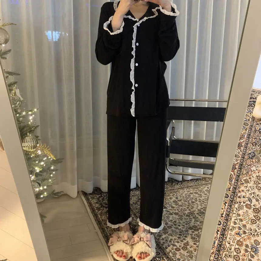 Korean Style Cute Pajama Woman Winter Autumn Sleepwear Lady Long Sleeve Tops Pants 2Piece Pyjamas Solid Lingeries Sets Nightwear 250207