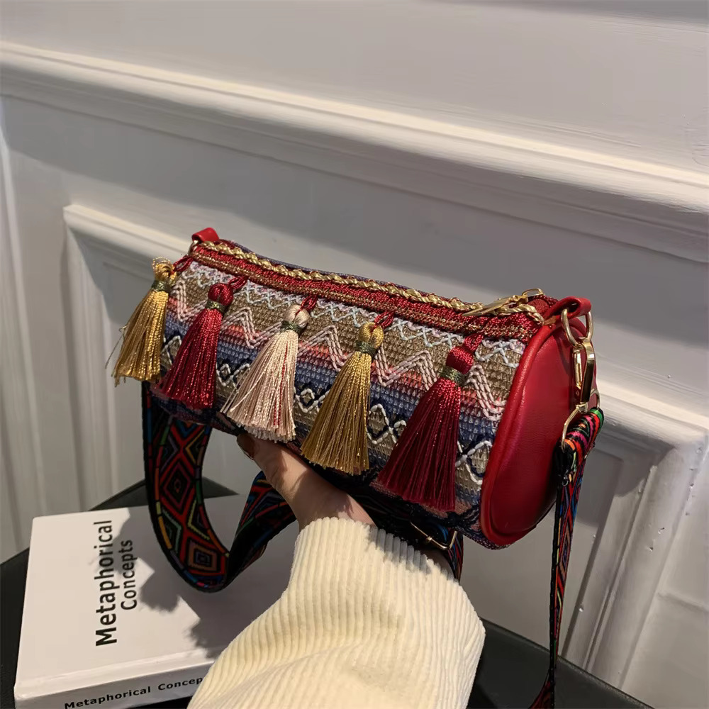 New Women Tassel Crossbody Fashion Bohemian Ethnic Style Color Embroidery E Cyder Girls Satchel Shoulder Bag Polyester Casual