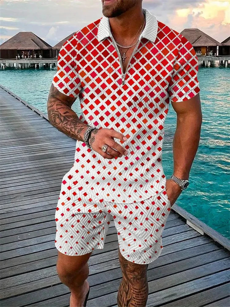 Summer Fashion Mens Brown Printed Polo Shirt And Shorts 2 Piece Zipper Sweatshirt Set Oversized Vacation T-Shirt Suit Clothing 250122