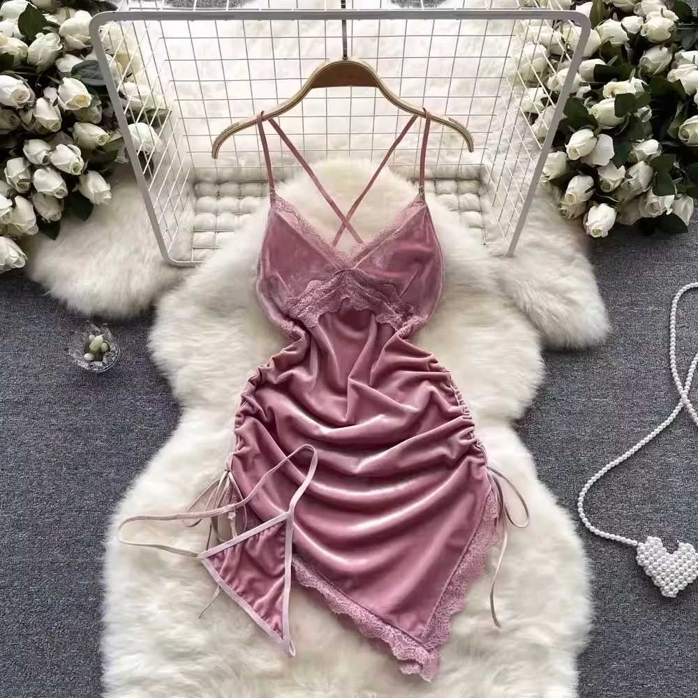 Women Sexy Red Ruched Mini Dress Sveless Backless Spaghetti Strap Dress Drstring Bodycon Party Club Dress with ThongXJ2500207
